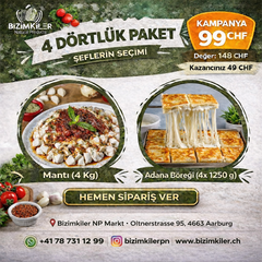 Türk Mantı & Adana Böreği Paketi – 4 Dörtlük Paket 99 CHF | Bizimkiler